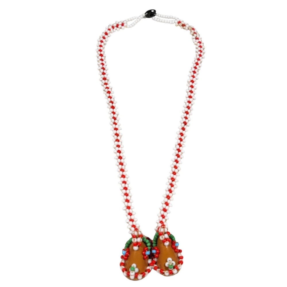 VTG 60s Beaded Moccasin Necklace Childrens Faux Leather White Red Hong Kong